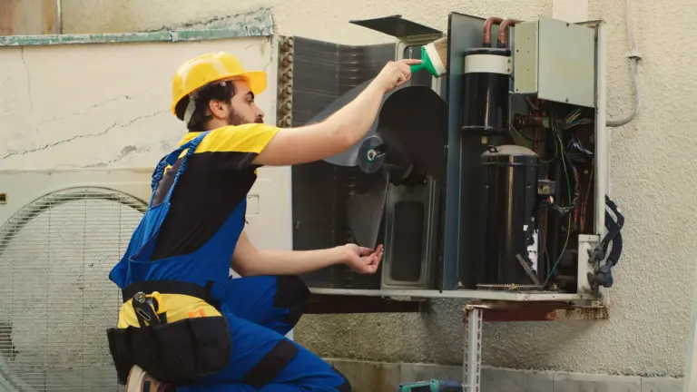 HVAC technician repairing an air conditioning unit in Miami